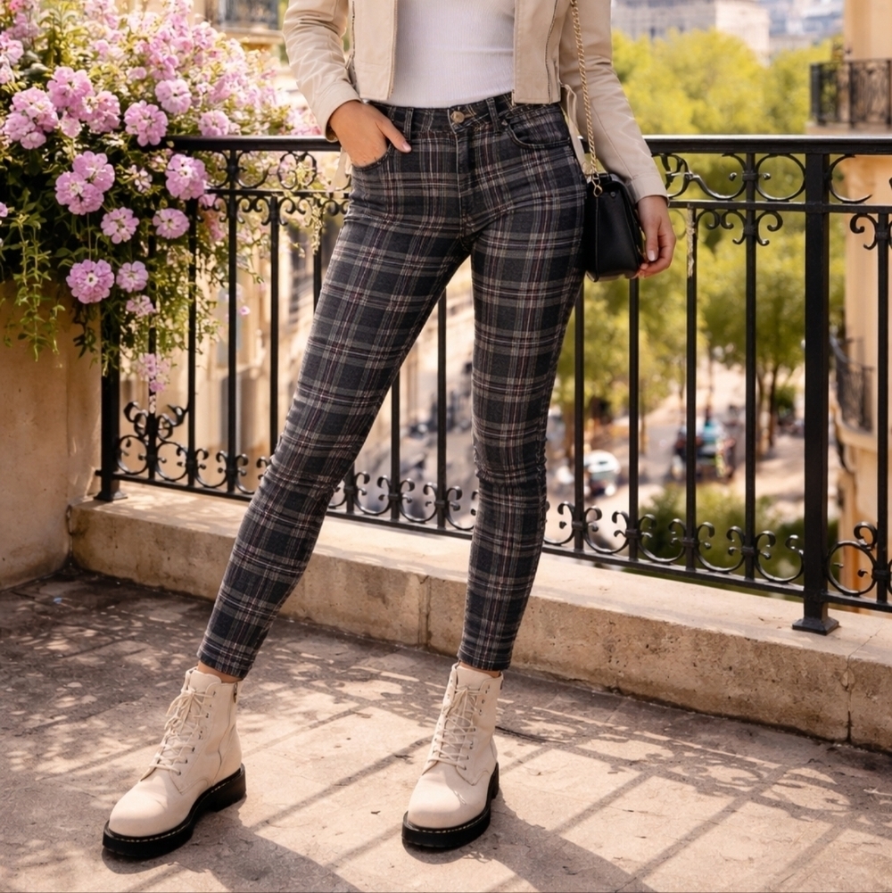Indigo Plaid High Rise Skinny Jeans Juniors Size 3/26 New